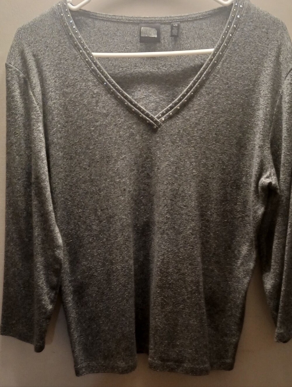Rafaella Gray V-Neck Sweater with Stud Trim